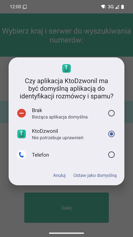 Ustawienie jako domyślnej aplikacji do identyfikacji rozmówcy i spamu