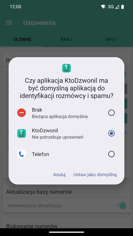 Ustawienie domyślnej aplikacji do rozpoznawania spamu