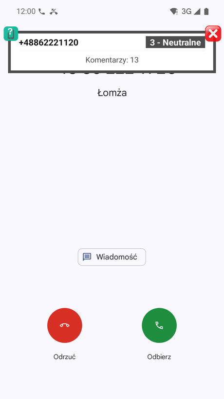 Powiadomienie o połączeniu przychodzącym (pozycja na górze)