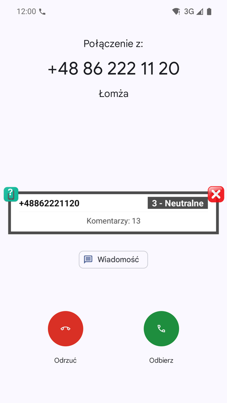 Powiadomienie o połączeniu przychodzącym (pozycja na środku)