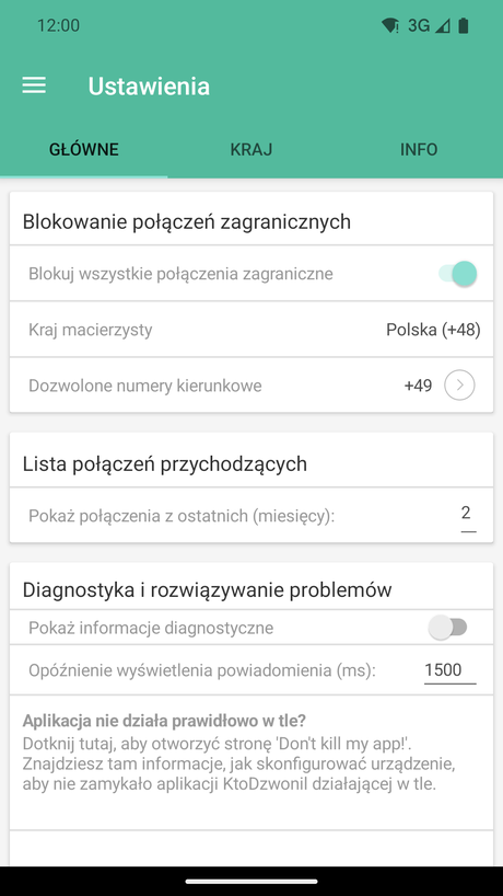 Ustawienie blokowania połączeń zagranicznych i listy połączeń przychodzących