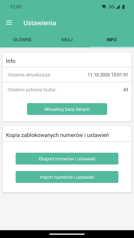 Informacje o bazie danych i kopia zapasowa zablokowanych numerów i ustawień
