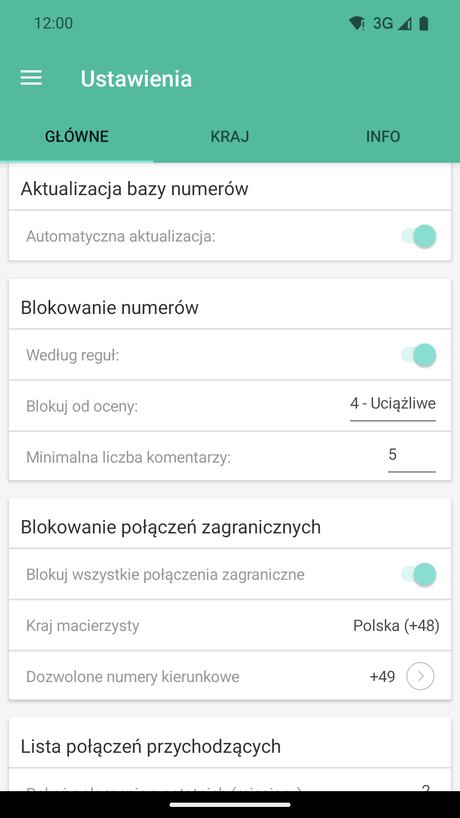 Ustawienie aktualizacji bazy danych i blokowania numerów telefonów